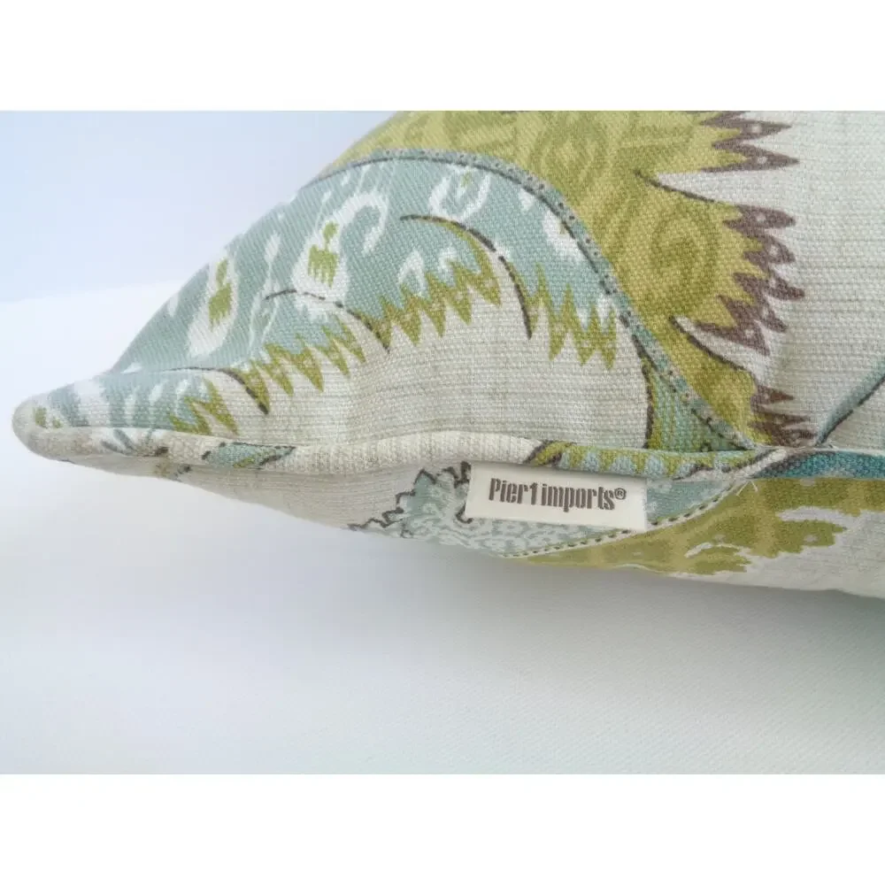 Pier 1 Linen Blue Floral Throw Pillow Flowers Green Leaves 17” Cottage Set of 2